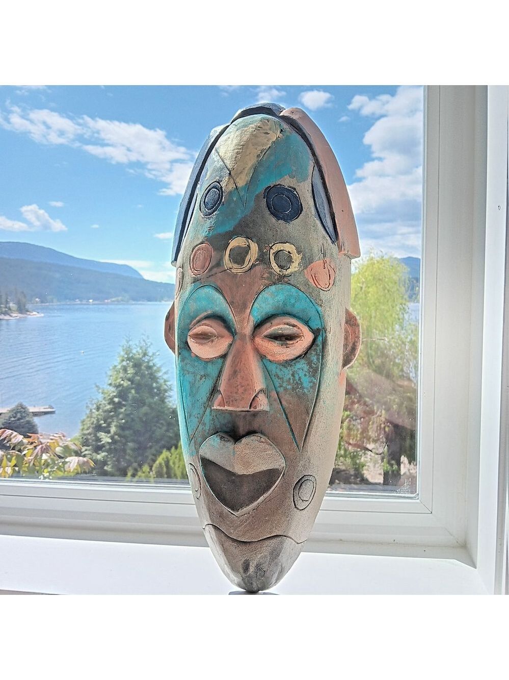 Indonesia Wood Face Carving Art Gorgeous Colors Wall Hanging Made In Indonesia